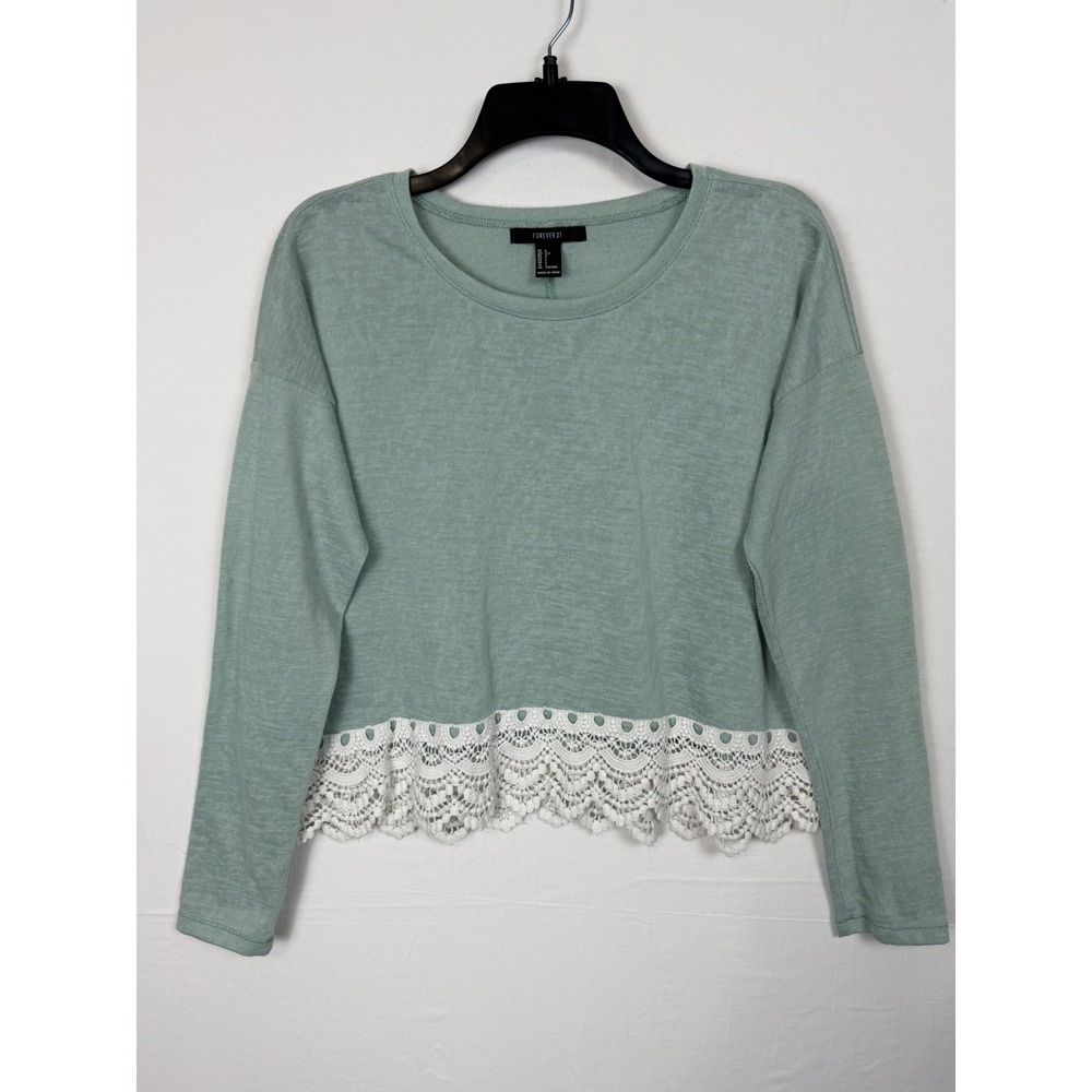 Forever 21 Women Top Size L Green Long Sleeve Lace Trim Crochet Hem Slub Knit